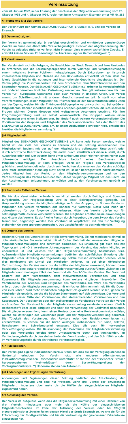 Vereinssatzung vom 28. Januar 1992, in der Fassung der Beschlüsse der Mitgliederversammlung vom 26. Oktober 1993 und 4. Oktober 1994, registriert beim Amtsgericht Eisenach unter VR Nr. 282 § 1 Name und Sitz des Vereins. Der Verein führt den Namen EISENACHER GESCHICHTS VEREIN e. V. Sitz des Vereins ist Eisenach. § 2 Gemeinnützigkeit. Der Verein ist gemeinnützig. Er verfolgt ausschließlich und unmittelbar gemeinnützige Zwecke im Sinne des Abschnitts "Steuerbegünstigte Zwecke" der Abgabenordnung. Der Verein ist selbstlos tätig; er verfolgt nicht in erster Linie eigenwirtschaftliche Zwecke. Er erstrebt keinen Gewinn. Er beantragt die Anerkennung der Gemeinnützigkeit. *) § 3 Vereinszweck. Der Verein stellt sich die Aufgabe, die Geschichte der Stadt Eisenach und ihres Umlandes zu erforschen und die Forschungsergebnisse durch Vorträge und Veröffentlichungen einem möglichst breiten Publikum nahezubringen. Durch Exkursionen zu historisch interessanten Objekten und Museen soll das Bewusstsein entwickelt werden, dass die lokale Geschichte in die nationale und internationale Geschichte eingebettet ist. Der Verein pflegt die Zusammenarbeit mit dem Stadtarchiv, dem Stadtchronisten und den Eisenacher Museen. Der EISENACHER GESCHICHTSVEREIN e.V. arbeitet kameradschaftlich mit anderen Vereinen ähnlicher Zielsetzung zusammen. Dies gilt insbesondere für den Verein für Thüringische Geschichte aber auch Vereine in anderen Orten. Der Verein nimmt am Schriftentausch mit anderen Geschichtsvereinen teil. Er stellt von allen Veröffentlichungen seiner Mitglieder ein Pflichtexemplar der Universitätsbibliothek Jena zur Verfügung, welche für die Thüringen-Bibliographie verantwortlich ist. Bei größerer Mitgliederzahl können innerhalb des Vereins Gruppen gebildet werden, die sich speziellen Fragen widmen. Diesen Gruppen wird weitgehende Autonomie gewährt. Für ihre Programmgestaltung sind sie selbst verantwortlich. Die Gruppen wählen einen Vorsitzenden und einen Stellvertreter, bei Bedarf auch weitere Vorstandsmitglieder. Die Vorsitzenden der Gruppen sind Mitglieder des Vereinsvorstandes. Falls der Beitritt des EISENACHER GESCHICHTSVEREINS e.V. zu einem Dachverband erwogen wird, entscheidet hierüber die Mitgliederversammlung.*) § 4 Mitgliedschaft. Mitglied des EISENACHER GESCHICHTSVEREINS e.V. kann jede Person werden, welche bereit ist. die Ziele des Vereins zu fördern und die Satzung anzuerkennen. Die Mitgliedschaft beginnt mit der auf der Mitgliederliste vollzogenen Unterschrift oder durch schriftliche Beitrittserklärung. Sie endet durch schriftlich erklärten Austritt, durch Ausschluss oder Tod. Der Austritt kann unter Einhaltung einer Frist von einem Monat zum Jahresende erfolgen. Der Ausschluss bedarf eines Beschlusses der Mitgliederversammlung. Er kann erfolgen, wenn ein Mitglied den Vereinszwecken gröblichst zuwiderhandelt oder durch sein Verhalten das Ansehen des Vereins schädigt oder trotz schriftlicher Mahnung nicht bereit ist, seiner Beitragspflicht nachzukommen. Jedes Mitglied hat das Recht, an den Mitgliederversammlungen und an den Veranstaltungen des Vereins teilzunehmen. Jedes volljährige Mitglied hat das Recht, an den Abstimmungen teilzunehmen, zu wählen und zu den Vereinsorganen gewählt zu werden. § 5 Finanzielle Mittel des Vereins. Die für das Vereinsleben erforderlichen Mittel werden durch Beiträge und Spenden aufgebracht. Der Mitgliedsbeitrag wird in einer Beitragsordnung geregelt. Bei Gruppenbildung stehen die Mitgliedsbeiträge zu ¾ den Gruppen, zu ¾ dem Verein zu. Mitglieder des Vereins verzichten auf Honorar für Vorträge. Dafür wird ihnen der Jahresbeitrag für das folgende Jahr erlassen. Mittel des Vereins dürfen nur für satzungsgemäße Zwecke verwendet werden. Die Mitglieder erhalten keine Zuwendungen aus Mitteln des Vereins. Es darf keine Person durch Ausgaben, die dem Zweck des Vereins fremd sind, begünstigt werden. Der Vorstand ist verpflichtet, mit den zur Verfügung stehenden Geldern sparsam umzugehen. Das Geschäftsjahr ist das Kalenderjahr. § 6 Organe des Vereins. Höchstes Organ des Vereins ist die Mitgliederversammlung. Sie hat mindestens einmal im Jahr stattzufinden. Sie entscheidet mit einfacher Mehrheit der anwesenden Mitglieder. Mitgliederversammlungen sind schriftlich einzuladen. Als Einladung gilt auch das mit Tagungszeit und -Ort versehene Jahresprogramm des Vereins, das jedem Mitglied zu übermitteln ist und welches von der Mitgliederversammlung beschlossen wird. Außerordentliche Mitgliederversammlungen bedürfen der schriftlichen Einladung aller Mitglieder unter Mitteilung der Tagesordnung. Solche müssen einberufen werden, wenn dies mindestens ein Drittel der Mitglieder verlangt. Ist bei einer öffentlichen Veranstaltung des Vereins mehr als die Hälfte der Mitglieder anwesend, können diese beschließen, eine außerordentliche Mitgliederversammlung durchzuführen. Zwischen den Mitgliederversammlungen führt der Vorstand die Geschäfte des Vereins. Der Vorstand besteht aus dem Vorsitzenden, dem stellvertretenden Vorsitzenden und dem Kassenwart. Die Mitgliederversammlung kann weitere Mitglieder hinzuwählen. Die Vorsitzenden der Gruppen sind Mitglieder des Vorstandes. Die Wahl des Vorstandes erfolgt durch die Mitgliederversammlung mit einfacher Stimmenmehrheit für die Dauer von zwei Jahren. Sind mehr Kandidaten aufgestellt als gewählt werden sollen, gelten die Mitglieder als gewählt, welche die höchste Stimmenzahl auf sich vereinigen. Der Vorstand wählt aus seiner Mitte den Vorsitzenden, den stellvertretenden Vorsitzenden und den Kassenwart. Der Vorsitzende oder der stellvertretende Vorsitzende vertreten den Verein nach außen. Der Vorstand hat der Mitgliederversammlung mindestens einmal jährlich Rechenschaft über seine Tätigkeit und über die Verwendung der Geldmittel abzulegen. Die Mitgliederversammlung kann einen Revisor oder eine Revisionskommission wählen, welche die Unterlagen des Vorstandes prüft und der Mitgliederversammlung berichtet. Die Tätigkeit des Vorstandes, des Revisors oder der Revisionskommission ist ehrenamtlich. Es werden nur die baren Auslagen, insbesondere für Porto, Telefon, Reisekosten und Schreibmaterial erstattet. Dies gilt auch für notwendige Vervielfältigungskosten. Die Beurkundung der Beschlüsse der Mitgliederversammlung oder des Vorstandes erfolgt durch Unterzeichnung durch den Vorsitzenden, im Verhinderungsfalle durch den stellvertretenden Vorsitzenden, und den Schriftführer oder im Verhinderungsfalle durch ein weiteres Vorstandsmitglied. § 7 Publikationen. Der Verein gibt eigene Publikationen heraus, wenn ihm dies die zur Verfügung stehenden Geldmittel erlauben. Der Verein nutzt alle anderen offenstehenden Publikationsmöglichkeiten. Insbesondere unterstützt er die von der "Eisenacher Presse" herausgegebenen "Heimatblätter" durch Zurverfügungstellung der Vortragsmanuskripte. **) Honorare stehen den Autoren zu § 8 Änderungen und Ergänzungen der Satzung. Änderungen und Ergänzungen dieser Satzung bedürfen der Entscheidung der Mitgliederversammlung und sind nur wirksam, wenn drei Viertel der anwesenden Mitglieder, mindestens aber mehr als die Hälfte der eingeschriebenen Mitglieder zugestimmt haben. § 9 Auflösung des Vereins. Der Verein ist aufgelöst, wenn dies die Mitgliederversammlung mit einer Mehrheit von drei Vierteln, mindestens aber mehr als die Hälfte der eingeschriebenen Mitgliederbeschließen. Im Falle der Auflösung des Vereins oder bei Wegfall steuerbegünstigter Zwecke fallen dessen Mittel der Stadt Eisenach zu, welche sie für die Erforschung der Stadtgeschichte und für die Verbreitung der gewonnenen Erkenntnisse einzusetzen hat.